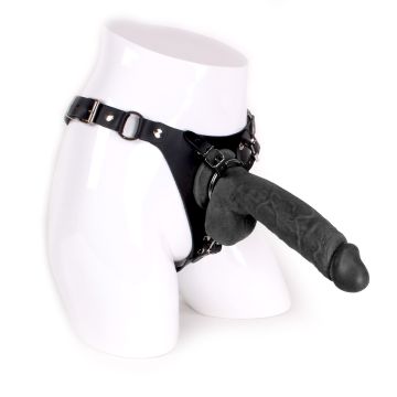 Leren Strap On Inclusief Zwarte Dildo Met Balzak - 24 cm