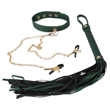 Luxe Set met Halsband Tepelklemmen en Flogger - Groen