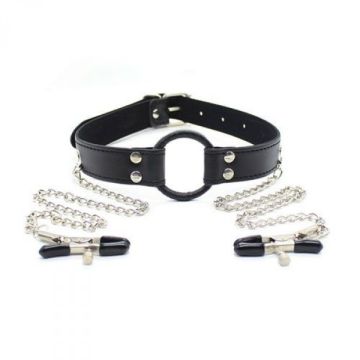 Ring Gag met Tepelklemmen - Zwart