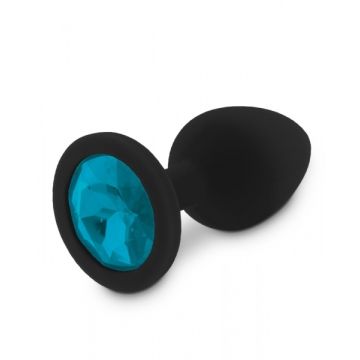 Zwarte Siliconen Buttplug met Blauwe Diamant  - M