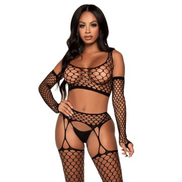 Leg Avenue Crop Top, Stockings & Gloves - Zwart