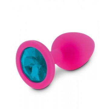 Roze Siliconen Buttplug met Blauwe Diamant - S-siliconen-buttplug-met-blauwe-diamant-s-roze-liggend.jpg