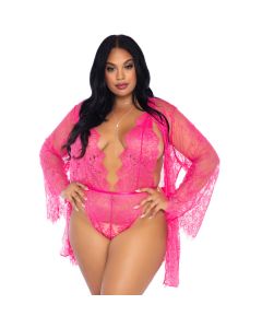 Floral Lace Body en Kimono - Roze - Plus Size