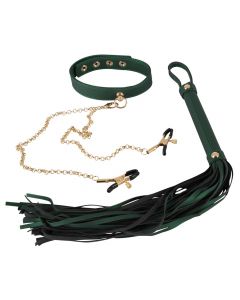Luxe Set met Halsband Tepelklemmen en Flogger - Groen 