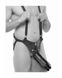 Two Cocks One Hole 11" Inclusief Suspender Systeem - Zwart