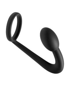 Zwarte siliconen cockring met anaalplug 