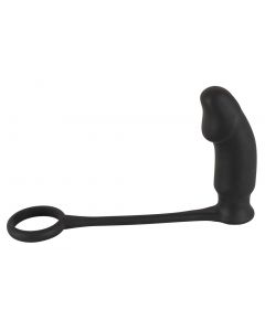 Zwarte cockring met anaalplug