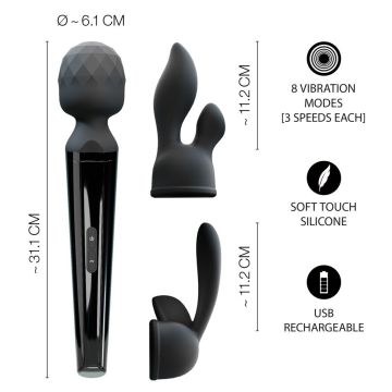 Wand Vibrator met 2 Opzetstukken - Zwart