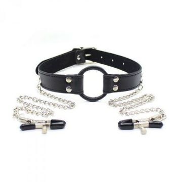 Ring Gag met Tepelklemmen - Zwart