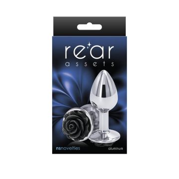 Aluminium Buttplug met Zwarte Roos - S