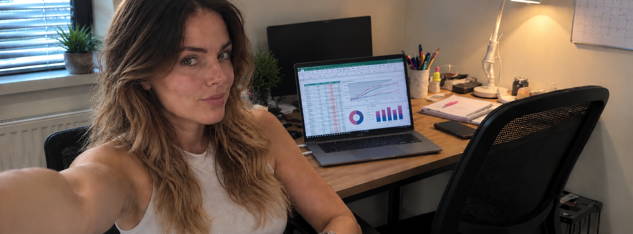Maxime analyseert cijfers op kantoor